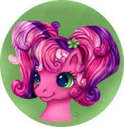 Size: 869x890 | Tagged: safe, artist:equmoria, cheerilee (g3), earth pony, pony, g3, g3.5, bust, female, green background, green eyes, pigtails, simple background, solo