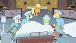 Size: 1280x716 | Tagged: safe, screencap, applejack, big macintosh, distant star, dr. steth, filthy rich, granny smith, lolli love, millie, minty hearts, nurse heartstick, nurse tenderheart, parasol, sea swirl, seafoam, spoiled rich, tender care, earth pony, pegasus, pony, unicorn, g4, season 6, where the apple lies, animated, bonesaw, clothes, discovery family logo, doctor, face mask, female, freckles, gasp, gif, gurney, implied amputation, loop, male, mare, nurse, ponyville hospital, saw, scrubs (gear), ship:spoilthy, spoiled milk, stallion, surgeon, sweat, sweating profusely, teenage applejack, teenage big macintosh, teenager, you know for kids, younger