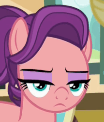 Size: 220x256 | Tagged: safe, screencap, applejack, spoiled rich, earth pony, pony, g4, where the apple lies, female, gif, looking at you, mare, non-animated gif, reaction image, solo, spoiled milk