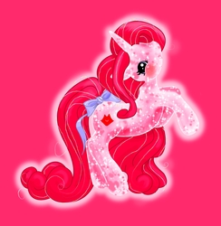 Size: 2000x2048 | Tagged: safe, artist:noelle23, oc, oc:kiss, pony, unicorn, g2, blushing, bow, female, high res, looking at you, mare, needs more saturation, rearing, smiling, solo, sparkles, tail, tail bow
