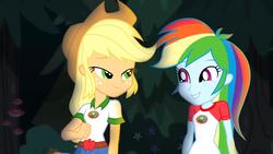 Size: 1920x1080 | Tagged: safe, screencap, applejack, rainbow dash, equestria girls, g4, my little pony equestria girls: legend of everfree, female, fist, lidded eyes, out of context