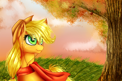 Size: 3000x2000 | Tagged: safe, artist:wolfchen999, applejack, g4, apple tree, autumn, clothes, female, high res, scarf, solo