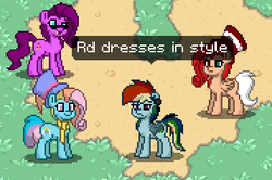 Size: 357x237 | Tagged: safe, fluttershy, pinkie pie, rainbow dash, rainbow dash (g3), pony, elements of insanity, pony town, g3, g4, clothes, fluttershout, hat, pinkis cupcake, rainbine, rainbine ears, rainbow dash always dresses in style, rainbow dash is not amused, scarf, screenshots, unamused