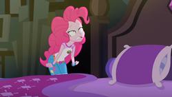 Size: 1920x1080 | Tagged: safe, screencap, pinkie pie, equestria girls, g4, my little pony equestria girls: legend of everfree, bed, clothes, female, gritted teeth, lidded eyes, out of context, solo, wat
