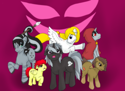 Size: 1280x930 | Tagged: safe, artist:jolliapplegirl, oc, oc only, oc:grimoire, oc:hazel drop, oc:moonlight sonata, oc:rusty nail, oc:winterstar, oc:xerces, earth pony, pegasus, pony, unicorn, zebra, cover art, insurgency; fall of an empire, scar