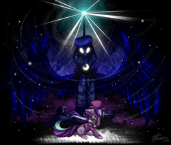 Size: 1024x869 | Tagged: safe, artist:pxoenix2014, princess luna, snowfall frost, spirit of hearth's warming yet to come, starlight glimmer, g4, blizzard, cloak, clothes, duo, eyes closed, glowing eyes, gritted teeth, looming over, magic, snow, snowfall, spread wings