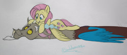 Size: 1024x447 | Tagged: safe, artist:sirskipper, discord, fluttershy, g4, eye contact, looking at each other, lying down, male, prone, ship:discoshy, shipping, simple background, straight, traditional art