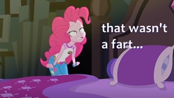 Size: 1920x1080 | Tagged: safe, edit, edited screencap, screencap, pinkie pie, equestria girls, g4, my little pony equestria girls: legend of everfree, bed, caption, clothes, female, gritted teeth, image macro, implied sharting, lidded eyes, meme, out of context, solo, that wasn't a fart, wat