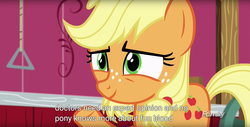 Size: 1920x975 | Tagged: safe, screencap, applejack, earth pony, pony, g4, where the apple lies, implied blood, meme, teenage applejack, youtube caption