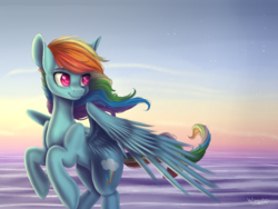 Size: 4000x3000 | Tagged: safe, artist:wingsterwin, rainbow dash, g4, female, flying, ocean, solo, stars, twilight (astronomy), water
