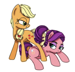 Size: 847x817 | Tagged: safe, artist:serra20, applejack, spoiled rich, g4, where the apple lies, crack shipping, eyeshadow, female, flirting, lesbian, lidded eyes, looking at each other, looking back, lying down, makeup, ship:spoiledjack, shipping, simple background, smiling, spoiled milk, teenage applejack, white background