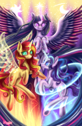 Size: 4200x6500 | Tagged: safe, artist:wingsterwin, starlight glimmer, sunset shimmer, twilight sparkle, alicorn, pony, unicorn, g4, absurd resolution, floating, levitation, magic, magical trio, majestic, rainbow power, spread wings, telekinesis, twilight sparkle (alicorn), twilight's counterparts, twishimmerglimmer