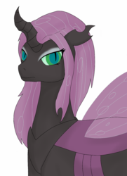 Size: 929x1280 | Tagged: safe, artist:jolliapplegirl, oc, oc only, oc:cicada, changeling, changeling oc, looking at you, parent:queen chrysalis, purple changeling, simple background, solo, white background