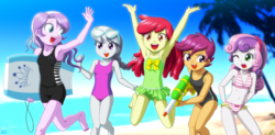 Size: 2031x1000 | Tagged: safe, artist:uotapo, edit, apple bloom, diamond tiara, scootaloo, silver spoon, sweetie belle, equestria girls, adorabloom, adventure in the comments, armpits, attached skirt, barefoot, beach, belly button, bicolor swimsuit, bikini, black swimsuit, board shorts, clothes, colored pupils, confident, cute, cutealoo, cutie mark crusaders, day, diamondbetes, diasweetes, discussion in the comments, embarrassed, feet, female, frilled swimsuit, glasses, green swimsuit, hairband, happy, having fun, island, jumping, midriff, ocean, one eye closed, one-piece swimsuit, open mouth, pink swimsuit, ponytail, purple swimsuit, sand, short hair, shorts, silverbetes, sky, smiling, striped swimsuit, sunglasses, surfboard, swimsuit, tree, uotapo is trying to murder us, wallpaper, water, watergun, young
