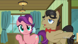 Size: 1366x768 | Tagged: safe, screencap, filthy rich, spoiled rich, earth pony, pony, g4, where the apple lies, discovery family logo, raised eyebrow, ship:spoilthy, spoiled milk