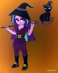 Size: 1370x1743 | Tagged: safe, artist:php198, aria blaze, cat, equestria girls, g4, broom, clothes, cosplay, costume, smiling, witch