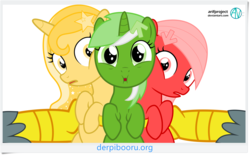 Size: 2443x1517 | Tagged: safe, artist:arifproject, gabby, oc, oc:downvote, oc:favourite, oc:upvote, griffon, pony, derpibooru, g4, the fault in our cutie marks, base used, cute, derpibooru ponified, it begins, meme origin, meta, ponified, simple background, trio, varying degrees of want, white background