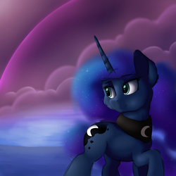 Size: 2000x2000 | Tagged: safe, artist:vanillaghosties, princess luna, alicorn, pony, g4, cheek fluff, cloud, dream, female, high res, looking back, mare, missing accessory, raised hoof, shore, sky, smiling, solo, standing, walking, water