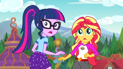 Size: 1920x1090 | Tagged: safe, screencap, sci-twi, sunset shimmer, twilight sparkle, equestria girls, g4, my little pony equestria girls: legend of everfree, ass, butt, scared, sci-twibutt, surprised
