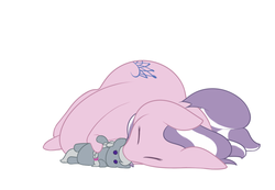 Size: 1280x886 | Tagged: safe, artist:nom-sympony, diamond tiara, silver spoon, earth pony, pony, g4, cute, diamondbetes, dock, doll, eyes closed, fat, female, filly, foal, obese, plushie, simple background, sleeping, solo, toy, white background