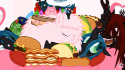 Size: 1363x768 | Tagged: safe, artist:mixermike622, queen chrysalis, oc, oc:fluffle puff, oc:marksaline, spider, g4, animated at source, burger, canon x oc, corn, couch, female, food, hamburger, hot dog, ice cream, ice cream spider, lasagna, lesbian, licking, meat, my little foody, not salmon, pasta, philly cheese steak, sausage, ship:chrysipuff, shipping, taco, tongue out, wat, wtf