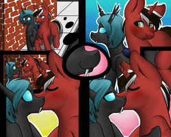 Size: 5000x4000 | Tagged: safe, artist:kshame, oc, oc only, oc:phantom, oc:shifter, changeling, pony, unicorn, blushing, cute, fangs, gay, kissing, male, oc x oc, red and black oc, shipping, thought bubble