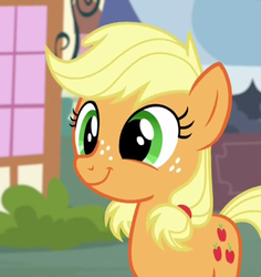 Size: 390x414 | Tagged: safe, screencap, applejack, earth pony, pony, g4, where the apple lies, cute, female, jackabetes, smiling, solo, teenage applejack, younger