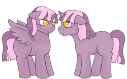 Size: 1280x800 | Tagged: safe, artist:jolliapplegirl, oc, oc only, oc:sirius veil, oc:toxic love, alicorn, changeling, pony, unicorn, blushing, female, interspecies offspring, lesbian, magical lesbian spawn, next generation, offspring, parent:mane-iac, parent:princess celestia, parent:queen chrysalis, parent:twilight sparkle, parents:chrysiac, parents:twilestia, shipping