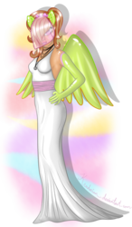 Size: 757x1300 | Tagged: safe, artist:krudocian, oc, oc only, oc:mystic emerald, human, clothes, crossdressing, dress, femboy, humanized, male, solo, wedding dress, wedding veil, winged humanization