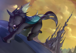 Size: 2525x1763 | Tagged: safe, artist:dripponi, artist:lattynskit, thorax, changeling, g4, to where and back again, changeling kingdom, crying, eyes closed, male, running, scenery, solo