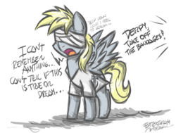 Size: 2137x1613 | Tagged: safe, artist:flutterthrash, derpy hooves, pegasus, pony, g4, where the apple lies, bandage, dialogue, female, mare, metallica, offscreen character, one(song), open mouth, solo, song reference, spread wings, teenage derpy hooves, wings