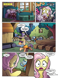 Size: 720x960 | Tagged: safe, artist:agnes garbowska, idw, official comic, angel bunny, fluttershy, earth pony, pony, friendship is magic #47, g4, spoiler:comic, bed, bedroom, comic, construction, cropped, female, fluttershy's bedroom, fluttershy's cottage, hard hat, male, mare, preview, speech bubble, stallion