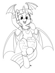 Size: 967x1280 | Tagged: safe, artist:pabbley, twilight sparkle, alicorn, pony, g4, bat wings, clothes, costume, darkstalkers, female, flying, head wings, monochrome, morrigan aensland, open mouth, solo, twilight sparkle (alicorn)