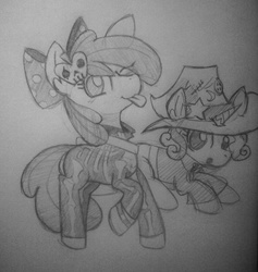 Size: 1137x1200 | Tagged: safe, artist:spill-skill, apple bloom, sweetie belle, g4, clothes, costume, monochrome, nightmare night, traditional art