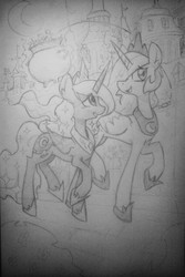 Size: 853x1280 | Tagged: safe, artist:spill-skill, princess celestia, princess luna, g4, accessory swap, candy, canterlot, cauldron, clothes, costume, food, magic, monochrome, nightmare night, telekinesis, traditional art