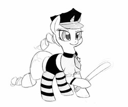 Size: 1280x1077 | Tagged: safe, artist:trickydick, rarity, g4, baton, clothes, costume, female, monochrome, necktie, police, police uniform, ponytail, socks, solo, striped socks