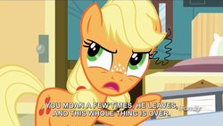 Size: 1813x1019 | Tagged: safe, screencap, applejack, earth pony, pony, g4, where the apple lies, caption, discovery family logo, female, out of context, solo, teenage applejack