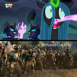 Size: 3900x3900 | Tagged: safe, edit, edited screencap, screencap, queen chrysalis, starlight glimmer, changeling, changeling queen, g4, to where and back again, changeling feeding, changeling guard, female, high res, image macro, meme, warcraft, warcraft movie