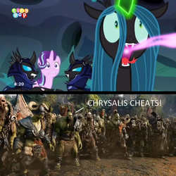 Size: 3900x3900 | Tagged: safe, edit, edited screencap, screencap, queen chrysalis, starlight glimmer, changeling, changeling queen, g4, my little pony: friendship is magic, to where and back again, changeling feeding, changeling guard, female, high res, image macro, meme, warcraft, warcraft movie