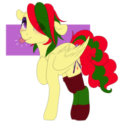 Size: 1280x1280 | Tagged: safe, artist:rue-willings, oc, oc only, oc:attraction, pegasus, pony, :p, blushing, clothes, femboy, male, raspberry, raspberry noise, socks, solo, striped socks, tongue out, trap