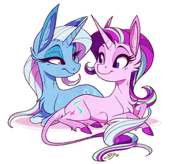 Size: 1000x953 | Tagged: safe, artist:probablyfakeblonde, starlight glimmer, trixie, classical unicorn, pony, unicorn, g4, best friends, cloven hooves, cute, ear fluff, female, glimmerbetes, horn, leonine tail, looking at each other, mare, unshorn fetlocks