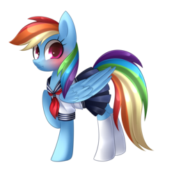 Size: 2100x2100 | Tagged: safe, artist:scarlet-spectrum, rainbow dash, pegasus, pony, g4, blushing, clothes, female, folded wings, high res, japanese school uniform, mare, rainbow dash always dresses in style, raised hoof, sailor uniform, school uniform, simple background, skirt, socks, solo, transparent background, uniform, white socks, wings