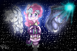Size: 1500x1000 | Tagged: safe, artist:wolfchen999, applejack, pinkie pie, princess luna, snowfall frost, spirit of hearth's warming past, spirit of hearth's warming presents, spirit of hearth's warming yet to come, starlight glimmer, a hearth's warming tail, g4, blizzard, cloak, clothes, magic, snow, snowfall, spectacles