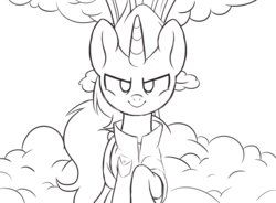 Size: 2500x1844 | Tagged: safe, artist:hawthornss, oc, oc only, oc:firebrand, pony, unicorn, clothes, explosion, jacket, looking at you, monochrome, simple background, sketch, solo