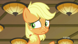 Size: 820x464 | Tagged: safe, screencap, applejack, earth pony, pony, g4, where the apple lies, absurd file size, absurd gif size, animated, discovery family logo, female, gif, solo, talking, teenage applejack