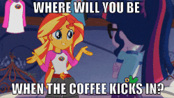 Size: 500x281 | Tagged: safe, edit, edited screencap, screencap, sci-twi, sunset shimmer, twilight sparkle, equestria girls, g4, my little pony equestria girls: legend of everfree, animated, caffeine, coffee, discovery kids, duo, excited, extreme speed animation, female, gif, hand on hip, image macro, meme, speed up