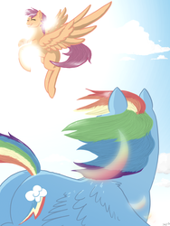 Size: 1024x1365 | Tagged: safe, artist:eritnger1000, rainbow dash, scootaloo, g4, blank flank, butt, flying, older, plot, rainbutt dash, scootaloo can fly, scootalove