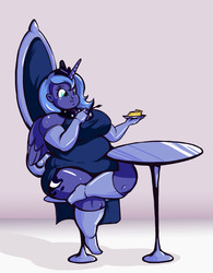 Size: 936x1200 | Tagged: safe, artist:eishiban, princess luna, human, breasts, busty princess luna, chubby cheeks, eating, fat, female, food, horned humanization, humanized, obese, pie, pony coloring, princess moonpig, s1 luna, solo, winged humanization