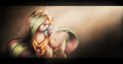 Size: 1580x822 | Tagged: safe, artist:ventious, princess celestia, alicorn, pony, g4, crepuscular rays, female, hair over one eye, letterboxing, lidded eyes, sad, solo