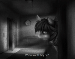 Size: 750x590 | Tagged: safe, artist:ventious, oc, oc only, oc:lumi, pony, unicorn, animated, clock, diary of lumi, door, film grain, gif, grayscale, indoors, lamp, monochrome, solo, static
